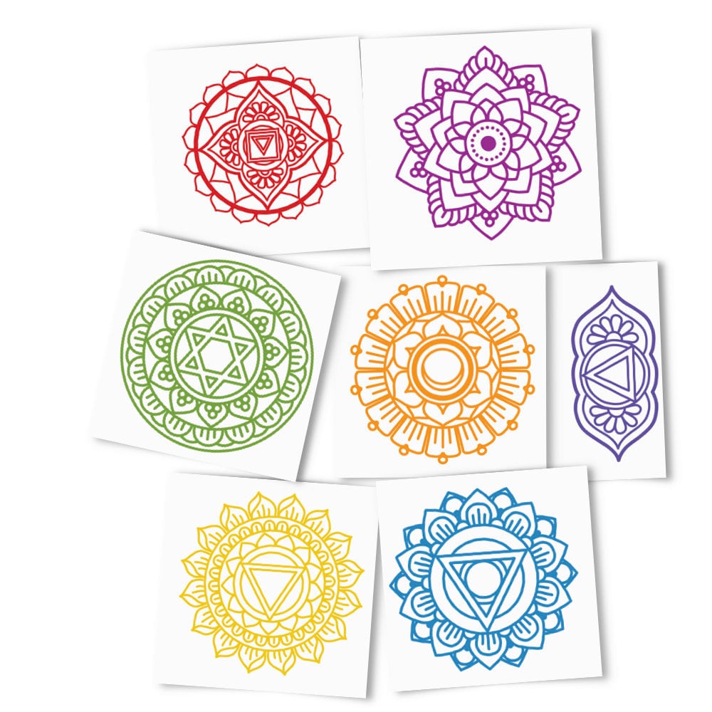 Chakras Temporary Tattoos - Spiritual tattoo design, rainbow, multicolor, energy, meditation, relaxation (2 sets x 7 tattoos = 14 Tattoos)