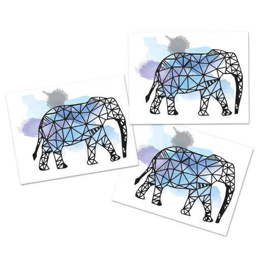 Elephant Watercolor Temporary Tattoo - Colorful geometric animal, origami tattoo design, blue (3 prints)