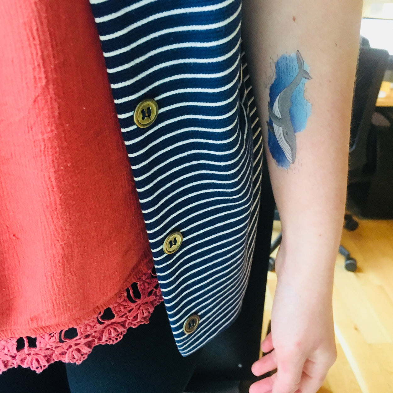 Colorful Whale Tattoo | Blue and gray design, set of 3 temporary tattoos