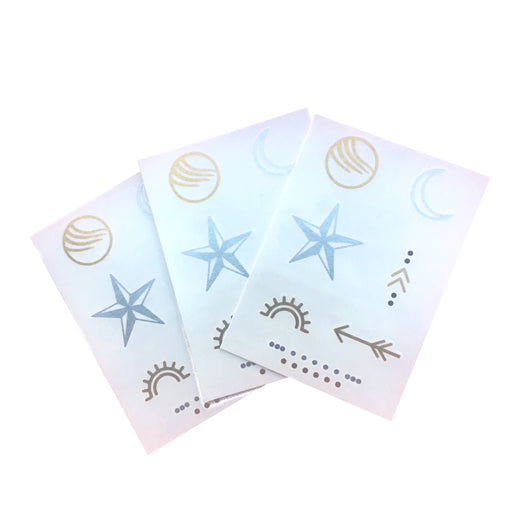 Star & Moon Tattoos in Gold/Silver | Small icon pictograms, 3 sets of 7 temporary tattoos