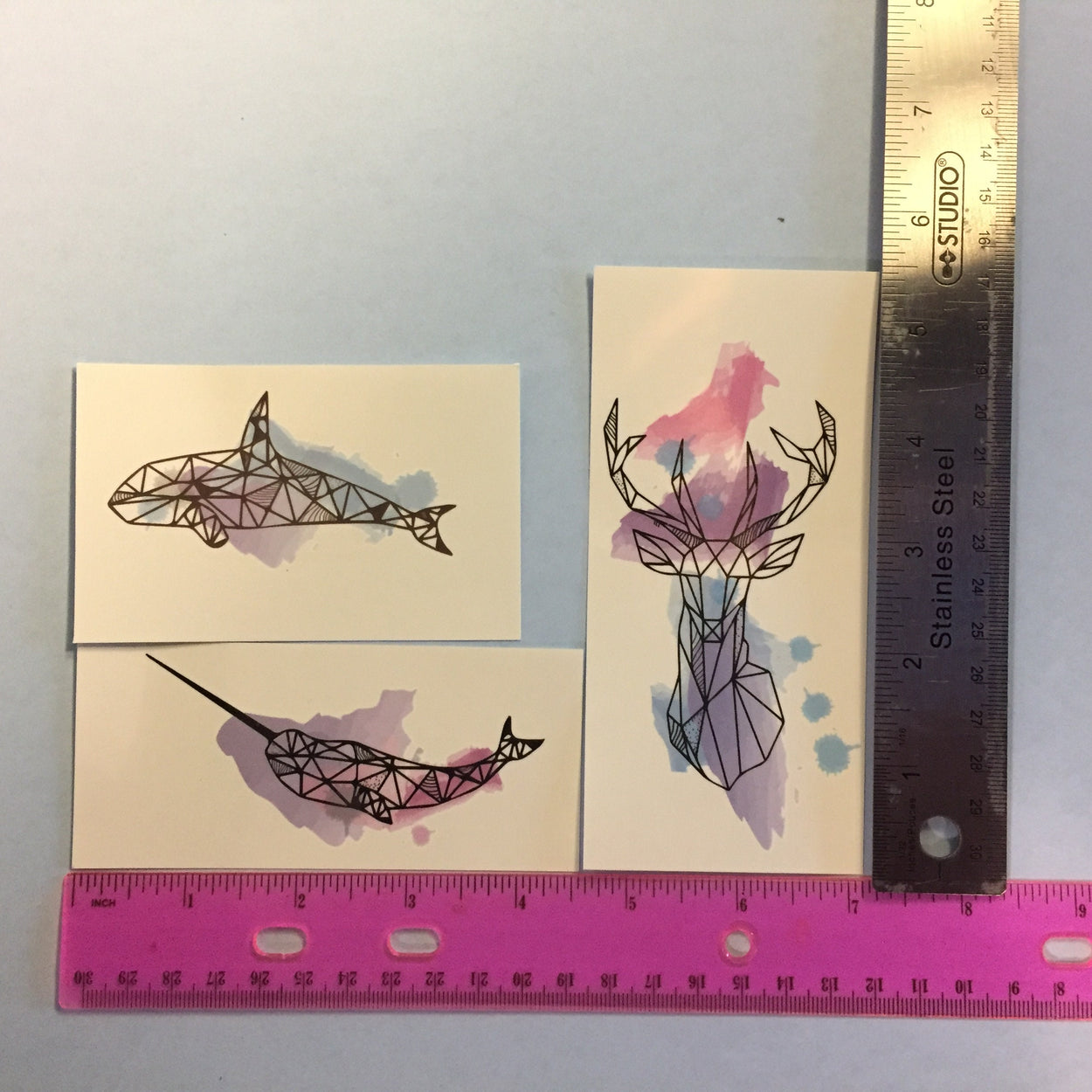 Collection of Geometric Tattoos | Watercolor animals, whales and lotus, 2 sets of 8 unique temporary tattoos