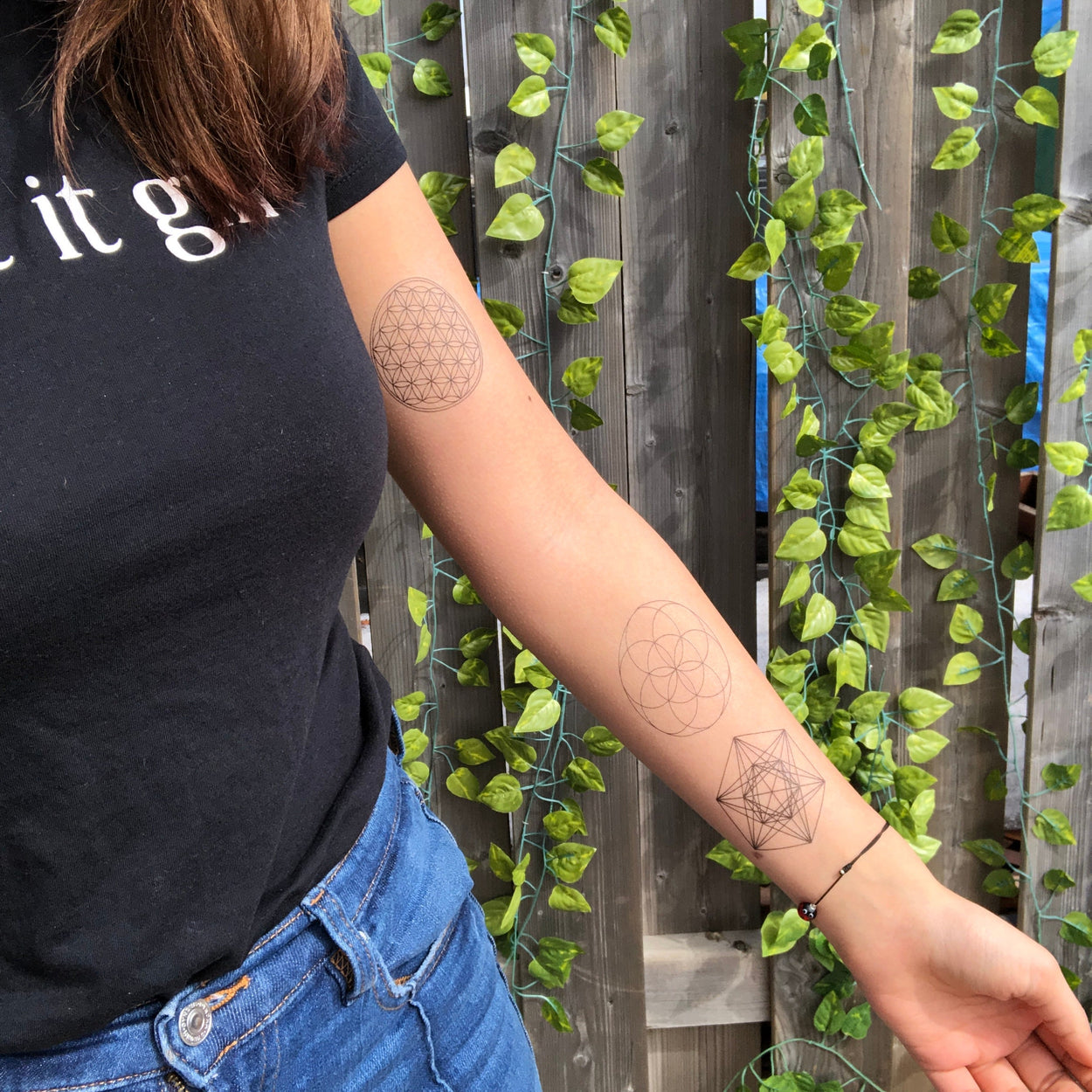 Sacred Geometry Tattoo | Spritual black line metatron's cube, seed of life and flower of life temporary tattoos, set of 2