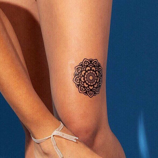 Circular Flow Mandala Tattoo | Black spiritual prahna flower design, set of 3 temporary tattoos