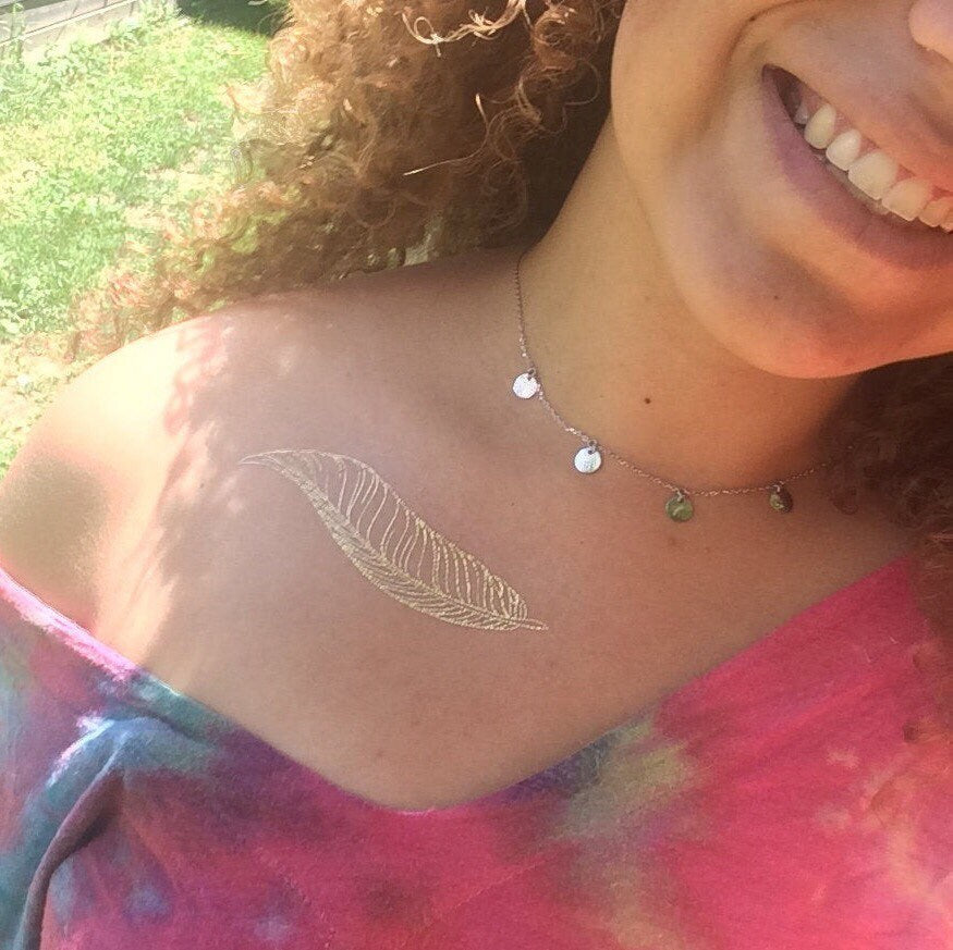 Gold Feather Tattoo | Shiny metallic set of 3 temporary tattoos