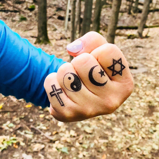 Religious Symbols Tattoos | Cross, Star of David, Crescent and Yin Yang pictograms in lack