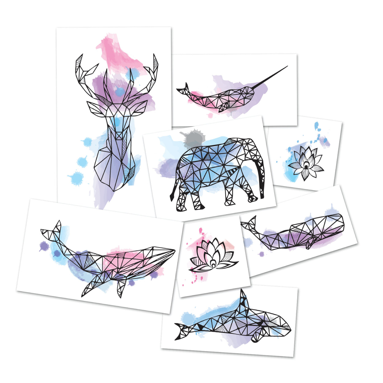 Collection of Geometric Tattoos | Watercolor animals, whales and lotus, 2 sets of 8 unique temporary tattoos