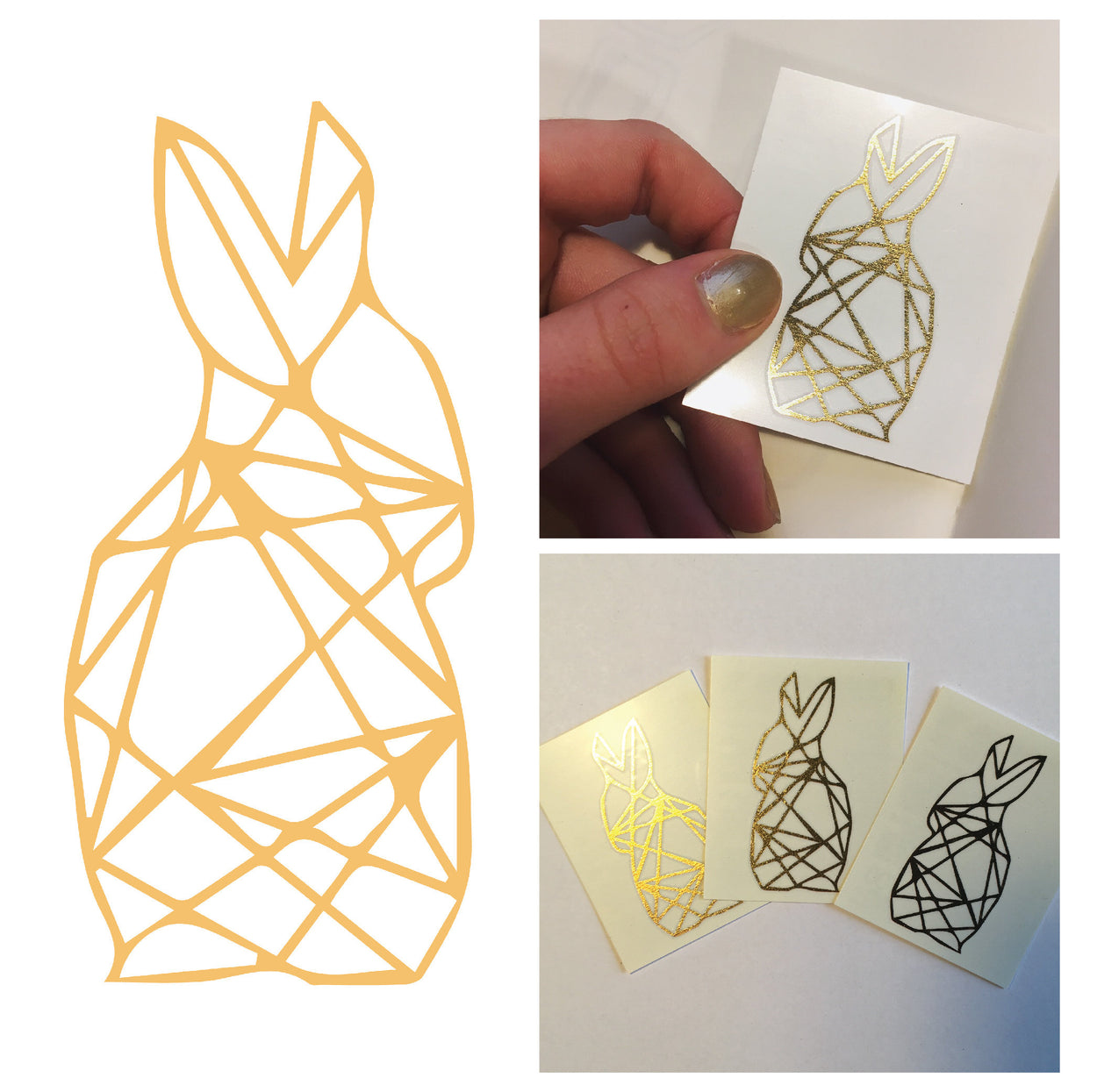 Gold Rabbit Tattoo | Sparkly metallic geometric  bunny temporary tattoo design, set of 3 tattoos