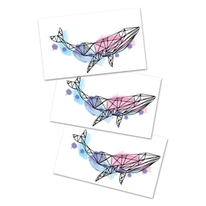 Whale Watercolor Tattoo | Geometric ocean animal temporary tattoo, set of 3