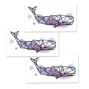 Geometric Whale Tattoo in Watercolors | Colorful animal design in blue and purple, set of 3 temporary tattoos