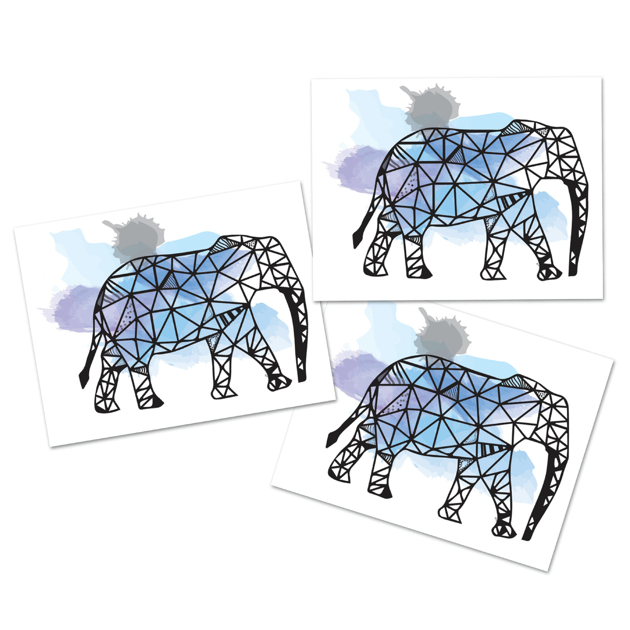 Elephant Watercolor Temporary Tattoo - Colorful geometric animal, origami tattoo design, blue (3 prints)