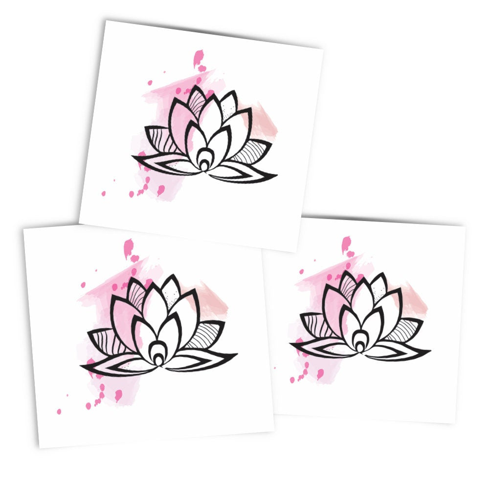 Small Lotus Temporary Tattoo in Pink Watercolor | Yoga design, spiritual symbol, set of 3