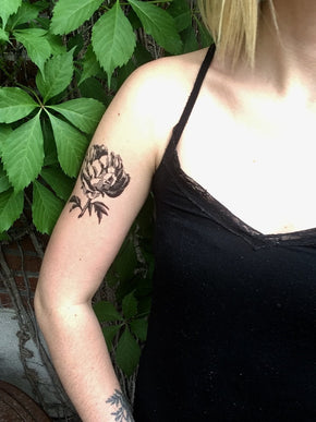 Large Etched Flower Tattoo | black floral peony temporary tattoo, set of 3