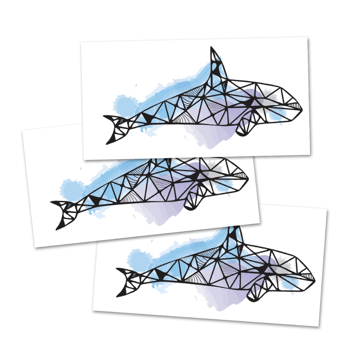 Orca Whale Tattoo | Geometric watercolor ocean animal design in blue and purple, set of 3 temporary tattoos