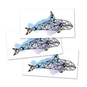 Orca Whale Tattoo | Geometric watercolor ocean animal design in blue and purple, set of 3 temporary tattoos