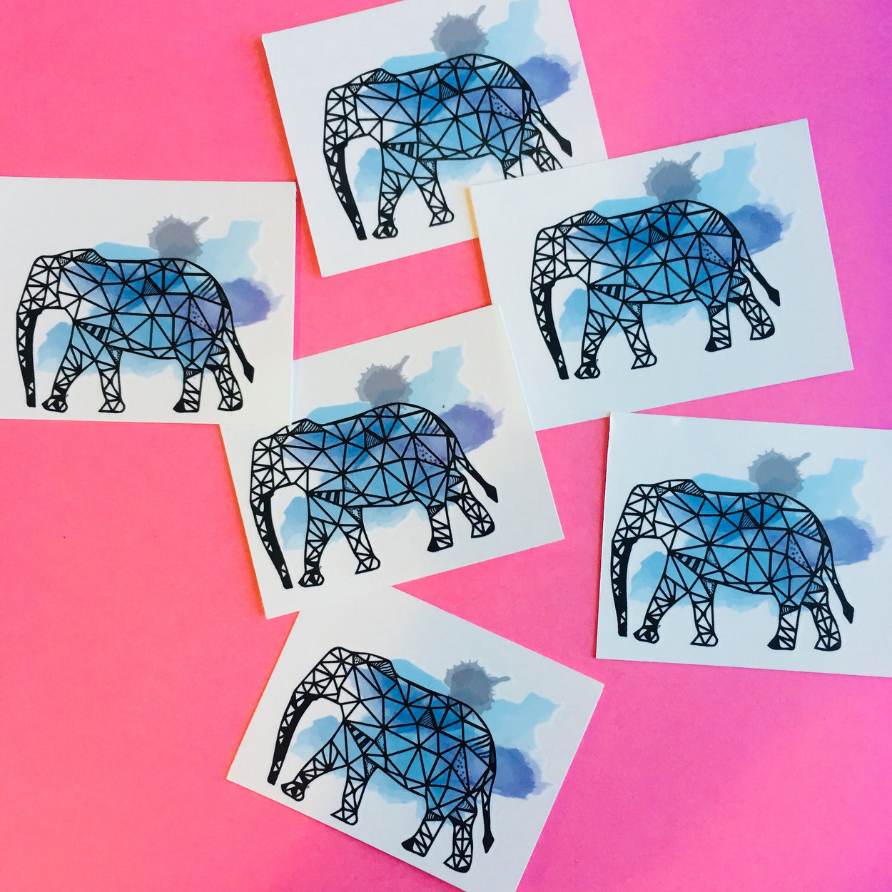 Elephant Watercolor Temporary Tattoo - Colorful geometric animal, origami tattoo design, blue (3 prints)