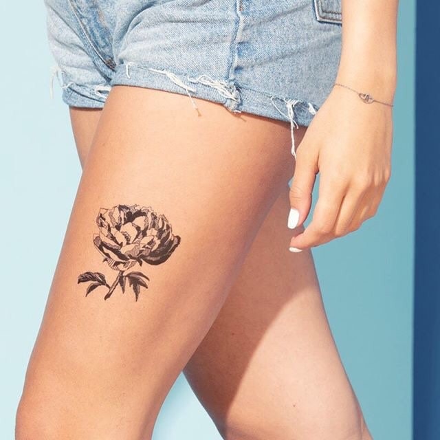 Large Etched Flower Tattoo | black floral peony temporary tattoo, set of 3