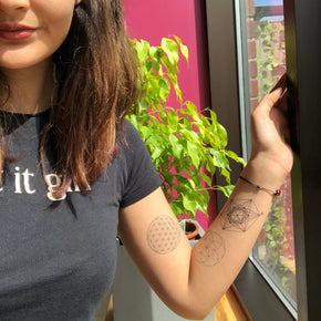 Sacred Geometry Tattoo | Spritual black line metatron's cube, seed of life and flower of life temporary tattoos, set of 2