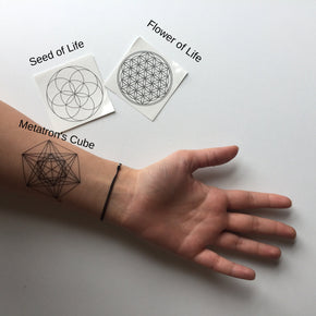 Sacred Geometry Tattoo | Spritual black line metatron's cube, seed of life and flower of life temporary tattoos, set of 2