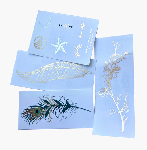Collection of Gold Tattoos | Sparkly metallic feather, star, crescent, 20 temporary tattoos