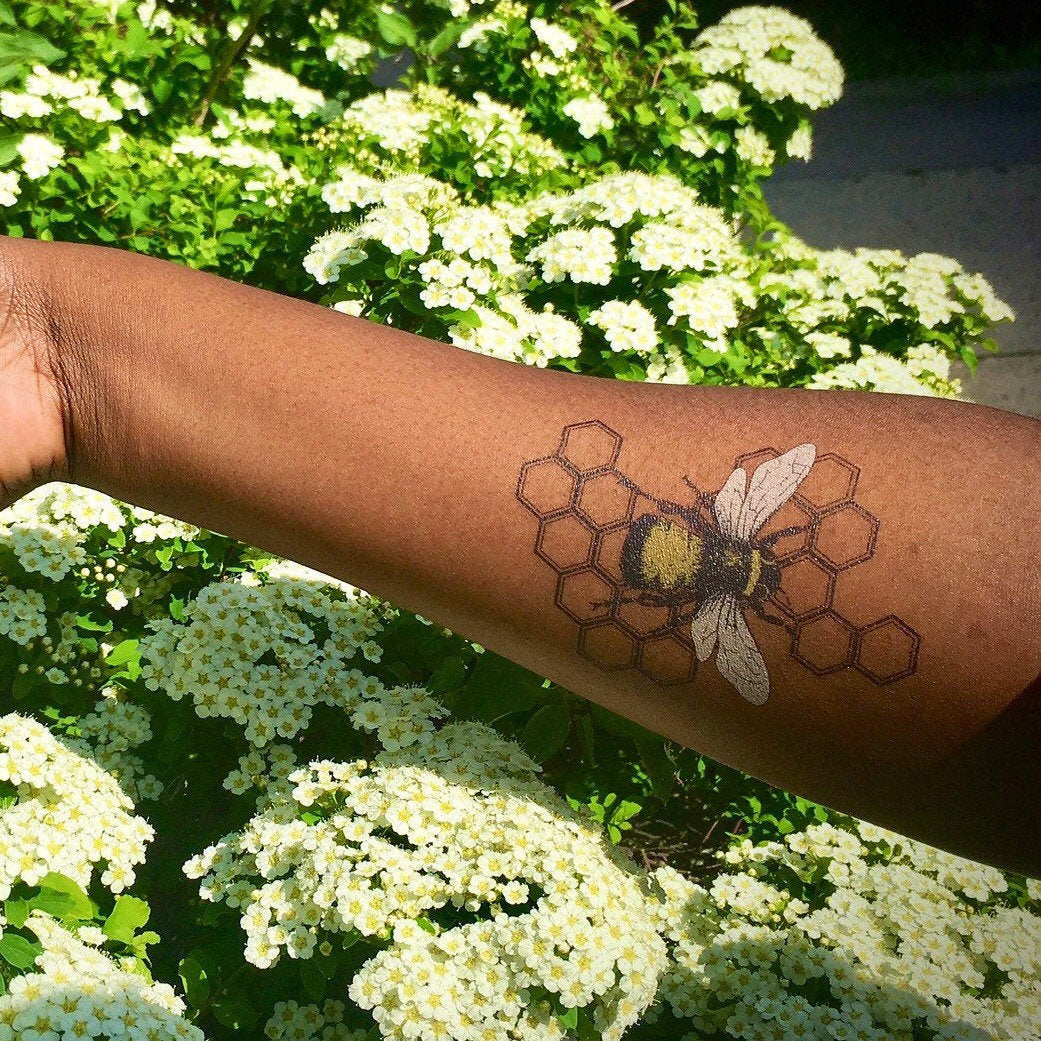 Bee on Honeycomb Temporary Tattoo | Honeybee insect in black and yellow, set of 3 tattoo